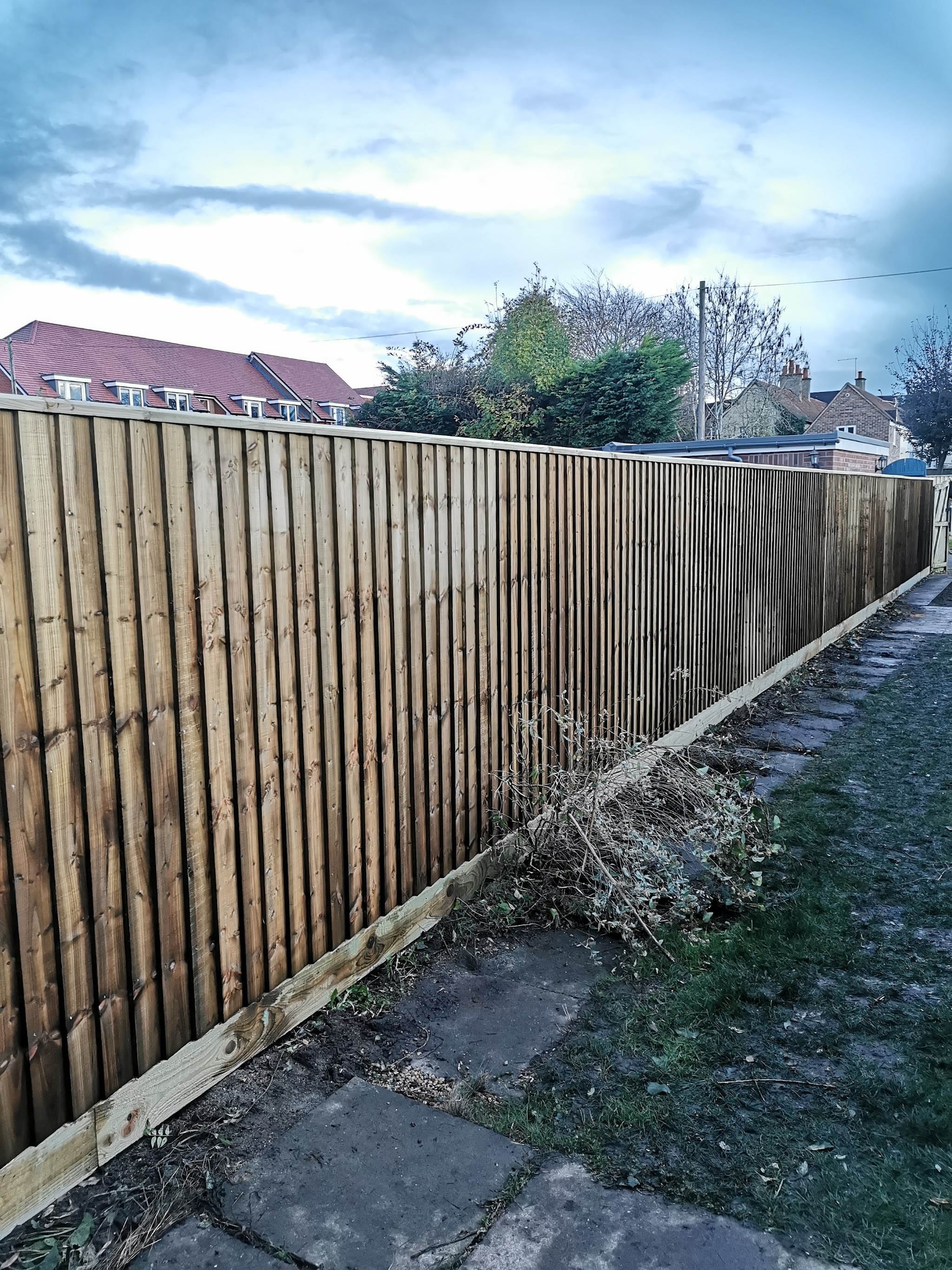 A long featheredge close-board fence beside a garden path